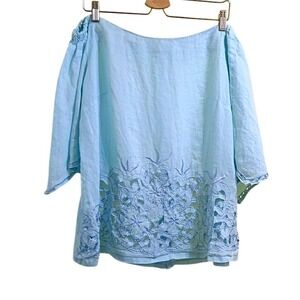 Alima Light Blue 100% Linen Floral Cut-out Embroidered Top Size 20 Boho